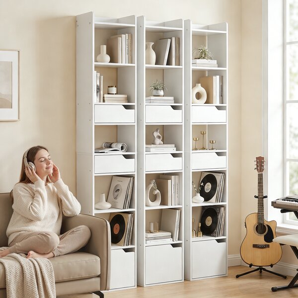 HOMCOM Scaffale per Libri con 2 Cassetti e Anta, Libreria Stretta con 6 Ripiani Aperti, 32x24x181,5 cm, Bianco | Aosom Italy