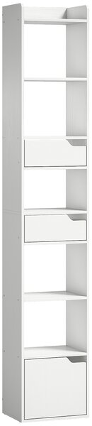 HOMCOM Scaffale per Libri con 2 Cassetti e Anta, Libreria Stretta con 6 Ripiani Aperti, 32x24x181,5 cm, Bianco | Aosom Italy