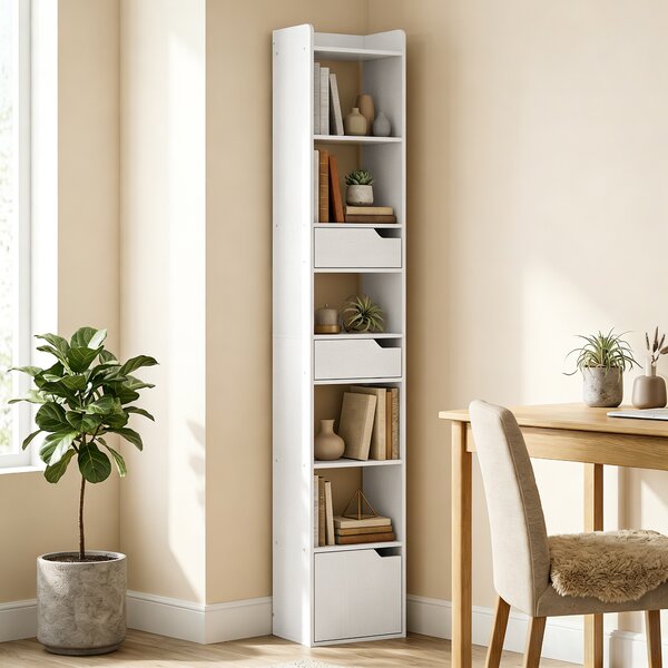 HOMCOM Scaffale per Libri con 2 Cassetti e Anta, Libreria Stretta con 6 Ripiani Aperti, 32x24x181,5 cm, Bianco | Aosom Italy