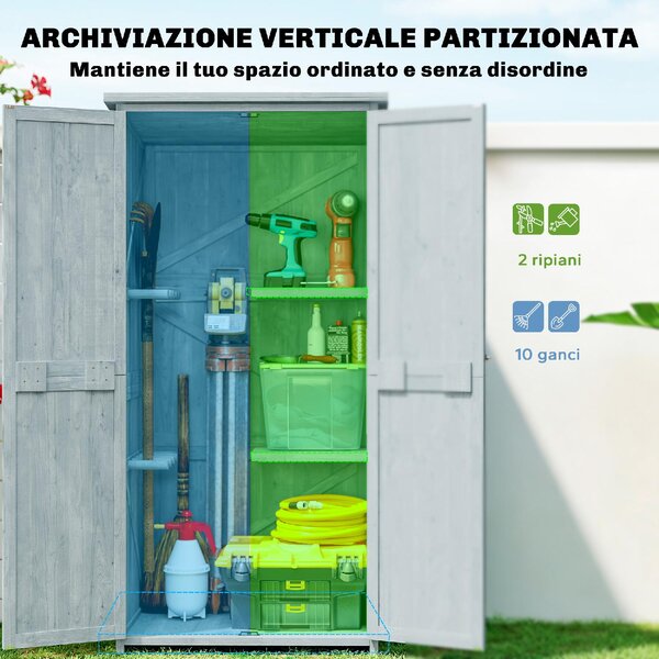 VivaGarden Armadio da Esterno / Balcone in Legno di Abete 2 Ante 2 Ripiani Dimensioni 85x54x170 cm colore Grigio