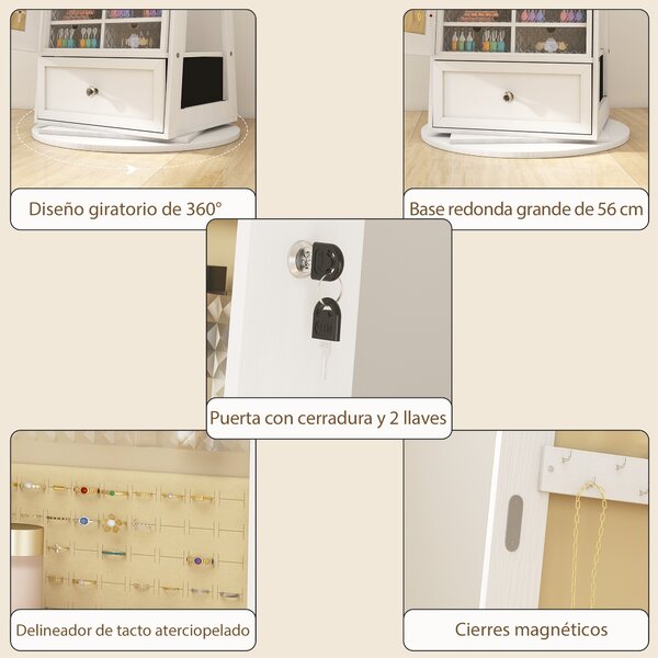 HOMCOM Specchio Portagioie con Luci LED, Armadio Portagioie con Specchio a Figura Intera, Girevole 360° e Cassetto Serratura, Bianco | Aosom Italy