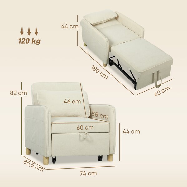 HOMCOM Poltrona Letto 3 in 1 Trasformabile con Funzione Letto, Ampia Seduta per Soggiorno, Beige | Aosom Italy