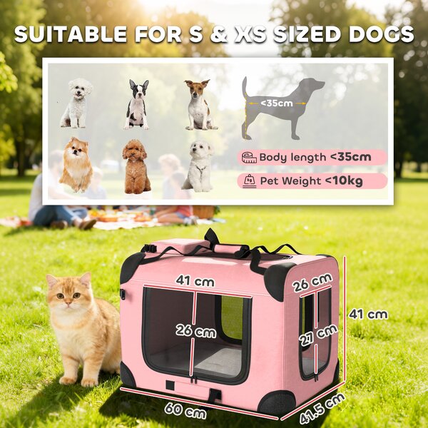 PawHut Trasportino per Cani Pieghevole con Finestre in Rete, Cuscino Morbido e 2 Maniglie, per Mini Cani e Gatti, 60x41,5x41 cm, Rosa | Aosom Italy