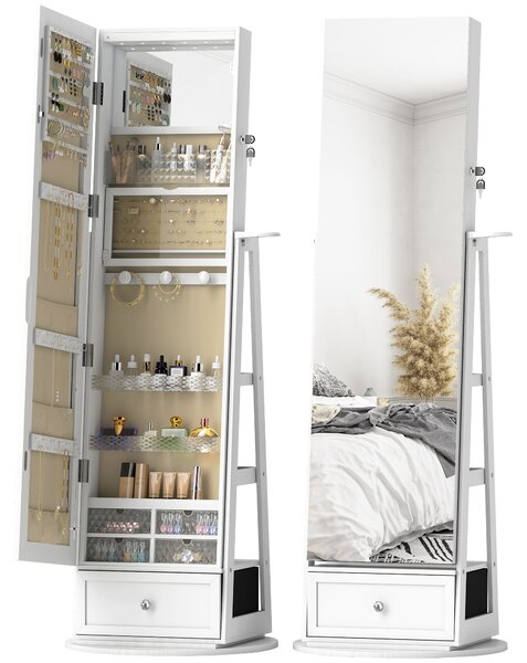 HOMCOM Specchio Portagioie con Luci LED, Armadio Portagioie con Specchio a Figura Intera, Girevole 360° e Cassetto Serratura, Bianco | Aosom Italy