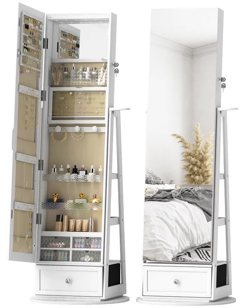 HOMCOM Specchio Portagioie con Luci LED, Armadio Portagioie con Specchio a Figura Intera, Girevole 360° e Cassetto Serratura, Bianco | Aosom Italy