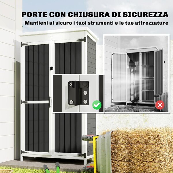 VivaGarden Armadio da Esterno / Balcone in Legno e Acciaio 2 Ante 3 Ripiani Dimensioni 94x43x166 cm colore Bianco/Nero