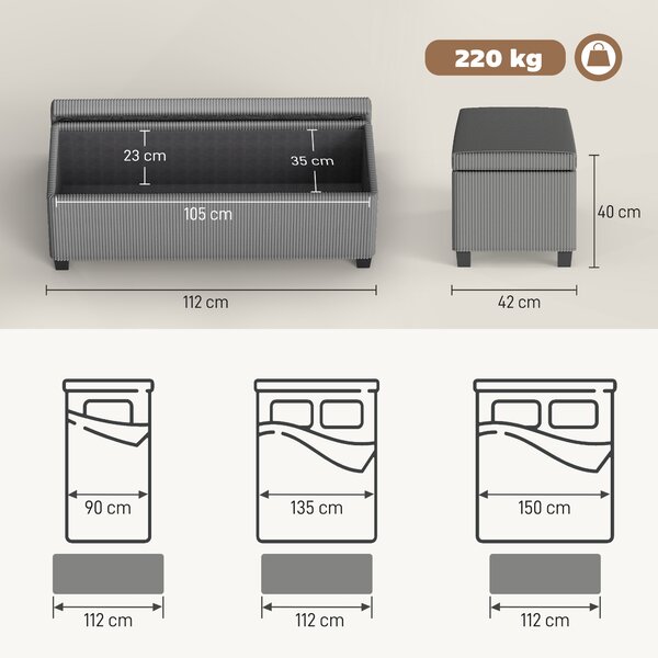 HOMCOM Panca Contenitore Imbottita per Soggiorno, Camera da Letto, Ingresso, Rivestimento in Velluto a Coste, Grigio | Aosom Italy