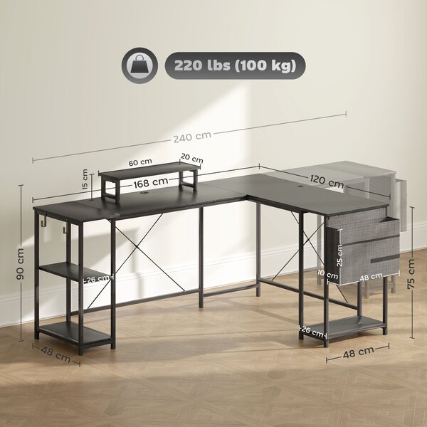 HOMCOM Scrivania Angolare Modulabile Reversibile Stile Industriale con Ripiano Regolabile, Tasca Portaoggetti e Supporto per Monitor, 168x120x90 cm, Nero | Aosom Italy