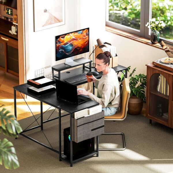 HOMCOM Scrivania Angolare Modulabile Reversibile Stile Industriale con Ripiano Regolabile, Tasca Portaoggetti e Supporto per Monitor, 168x120x90 cm, Nero | Aosom Italy