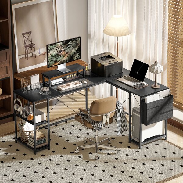 HOMCOM Scrivania Angolare Modulabile Reversibile Stile Industriale con Ripiano Regolabile, Tasca Portaoggetti e Supporto per Monitor, 168x120x90 cm, Nero | Aosom Italy