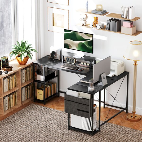 HOMCOM Scrivania Angolare Modulabile Reversibile Stile Industriale con Ripiano Regolabile, Tasca Portaoggetti e Supporto per Monitor, 168x120x90 cm, Nero | Aosom Italy