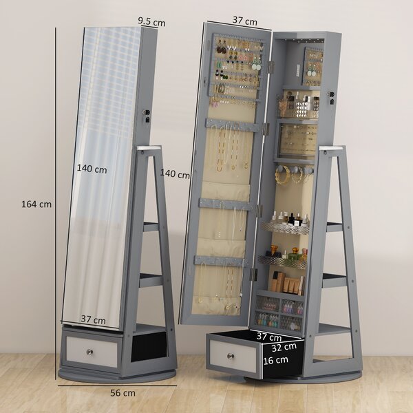 HOMCOM Specchio Portagioie con Luci LED, Armadio Portagioie con Specchio a Figura Intera, Girevole 360° e Cassetto Serratura, Grigio Chiaro | Aosom Italy