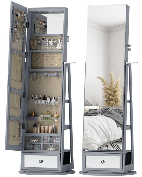 HOMCOM Specchio Portagioie con Luci LED, Armadio Portagioie con Specchio a Figura Intera, Girevole 360° e Cassetto Serratura, Grigio Chiaro | Aosom Italy