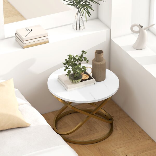 HOMCOM Tavolino Rotondo Stile Industriale in Metallo Dorato e Piano Effetto Marmo, 60x60x46 cm, Bianco | Aosom Italy