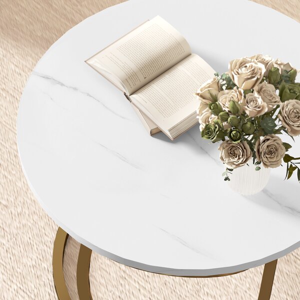 HOMCOM Tavolino Rotondo Stile Industriale in Metallo Dorato e Piano Effetto Marmo, 60x60x46 cm, Bianco | Aosom Italy