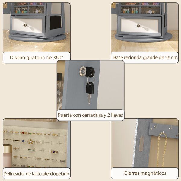 HOMCOM Specchio Portagioie con Luci LED, Armadio Portagioie con Specchio a Figura Intera, Girevole 360° e Cassetto Serratura, Grigio Chiaro | Aosom Italy