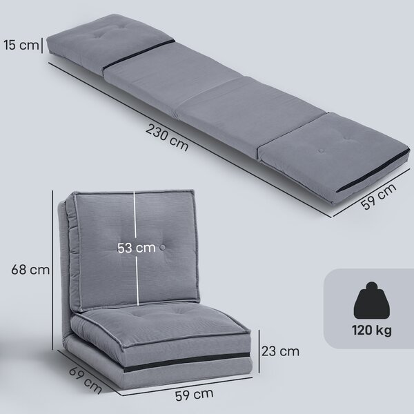 HOMCOM Poltrona da Pavimento Pieghevole in Velluto a Coste, Materassino da Pavimento con Schienale Regolabile in 5 Posizioni, 59x230x15 cm, Grigio | Aosom Italy