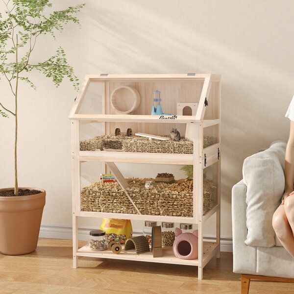 PawHut Gabbia per Criceti in Legno a 3 Piani, Gabbia per Roditori con Fondo Estraibile, Ripiano, Ruota, Altalena, Rampa e Casetta, 80x53x117 cm, Legno Naturale | Aosom Italy
