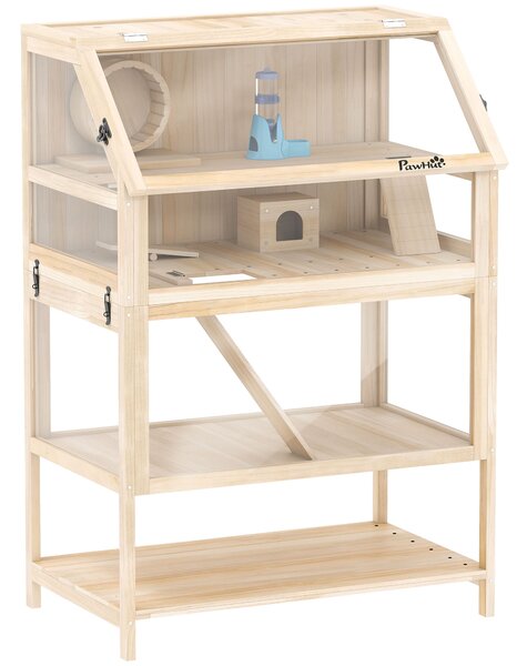 PawHut Gabbia per Criceti in Legno a 3 Piani, Gabbia per Roditori con Fondo Estraibile, Ripiano, Ruota, Altalena, Rampa e Casetta, 80x53x117 cm, Legno Naturale | Aosom Italy