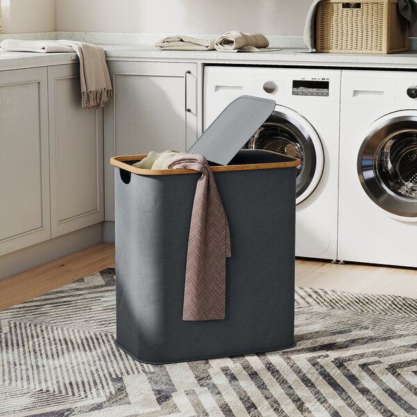 HOMCOM Cestino Porta Biancheria Doppio Pieghevole 80L, Contenitore per Biancheria Sporca con Coperchio e Maniglie Scanalate, Grigio | Aosom Italy