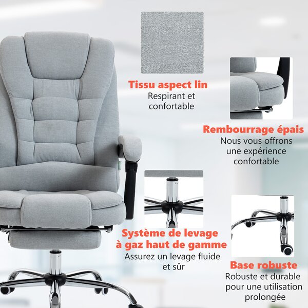 Vinsetto Poltrona da Ufficio Massaggiante e Riscaldante, Sedia da Ufficio, Altezza Regolabile, Schienale Reclinabile, 65x70x111-119 cm, Grigio | Aosom Italy