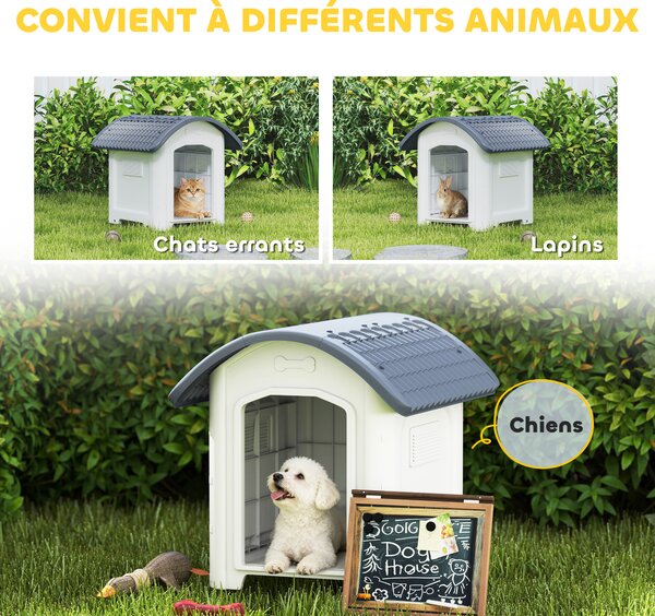 PawHut Cuccia per Cane da Esterno, Casa per Cane in Plastica con Pavimento Rialzato e Amovibile, Tetto Impermeabile, Grigio | Aosom Italy