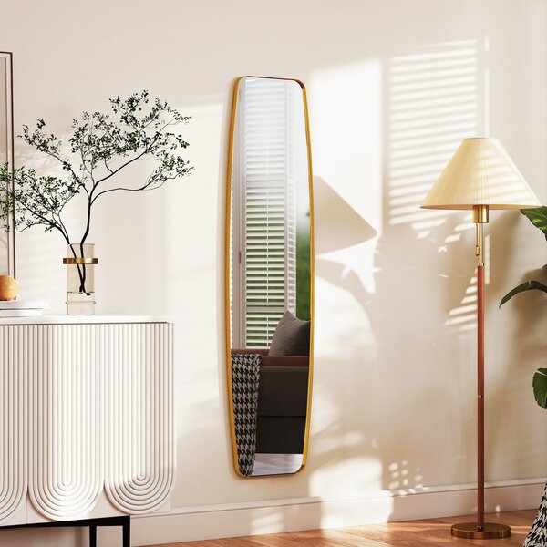HOMCOM Grande Specchio da Parete Ovale 160x40 cm, Specchio Sospeso Moderno, Cornice in Metallo e Legno, Oro | Aosom Italy