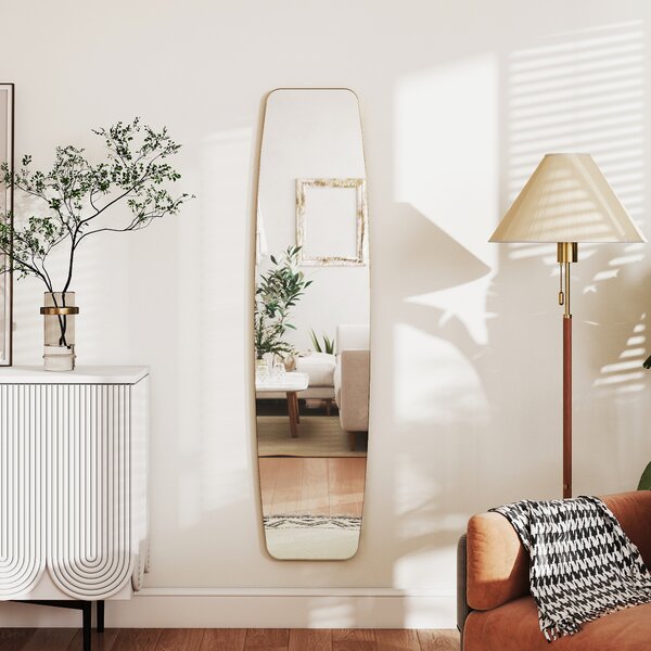 HOMCOM Grande Specchio da Parete Ovale 160x40 cm, Specchio Sospeso Moderno, Cornice in Metallo e Legno, Oro | Aosom Italy