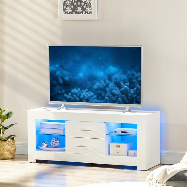 HOMCOM Mobile Porta TV fino a 55" con Luci LED, 2 Mensole in Vetro Regolabili, 2 Cassetti, in Legno, 120x40x50cm, Bianco | Aosom