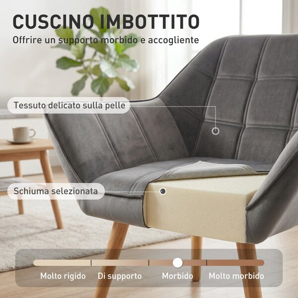 HOMCOM Poltroncina Stile Nordico in Legno ed Effetto Velluto Grigio per Soggiorno o Ufficio, 64x62x72.5 cm|Aosom
