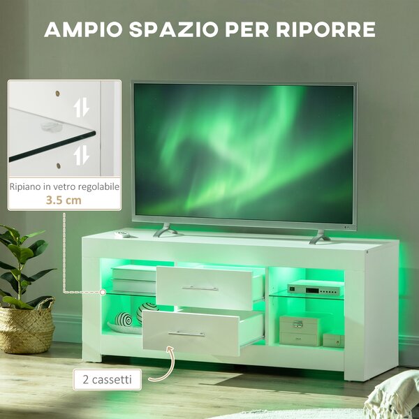 HOMCOM Mobile Porta TV fino a 55" con Luci LED, 2 Mensole in Vetro Regolabili, 2 Cassetti, in Legno, 120x40x50cm, Bianco | Aosom