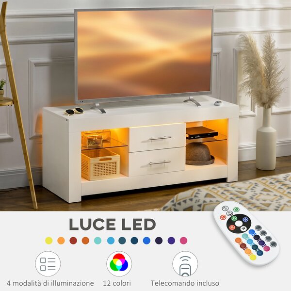 HOMCOM Mobile Porta TV fino a 55" con Luci LED, 2 Mensole in Vetro Regolabili, 2 Cassetti, in Legno, 120x40x50cm, Bianco | Aosom