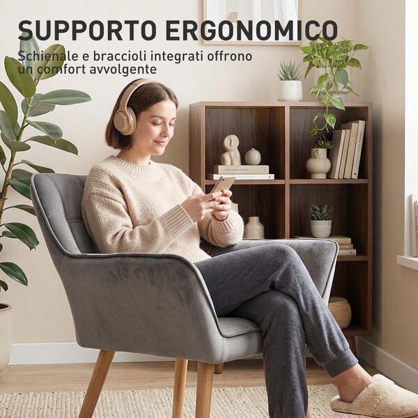 HOMCOM Poltroncina Stile Nordico in Legno ed Effetto Velluto Grigio per Soggiorno o Ufficio, 64x62x72.5 cm|Aosom
