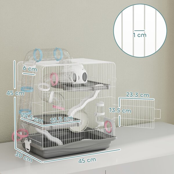 PawHut Gabbia per Criceti a 3 Livelli e 14 Tubi con Casetta, Rampa, e Accessori, in Metallo e Plastica, 45x30x45 cm, Grigio | Aosom Italy