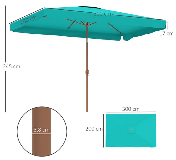 Outsunny Ombrellone da Giardino 2x3 m con Apertura a Manovella, Inclinabile e Anti UV 50+, Turchese