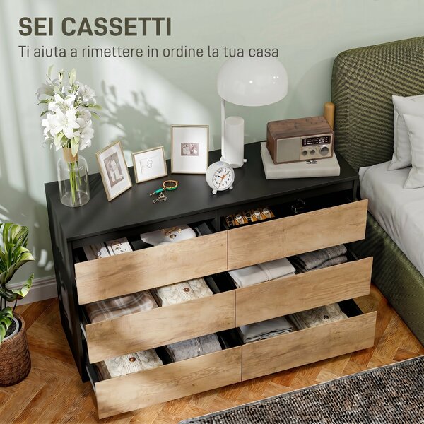 HOMCOM Cassettiera Camera da Letto 6 Cassetti, Comò Camera da Letto in Legno con Piedini Antiscivolo | Aosom Italy