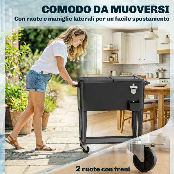 VivaGarden Carrello Frigo 76L con Ripiano Apribottiglie e Raccoglitore Tappi in Plastica e Acciaio 91x39x84.5 cm colore Nero