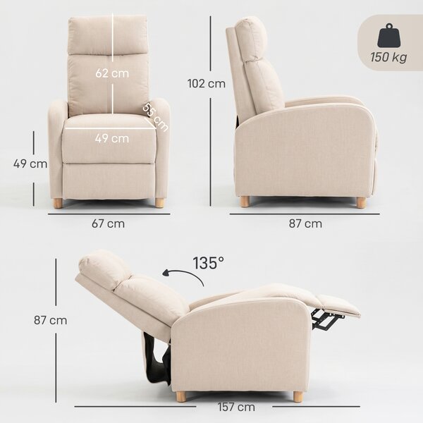 HOMCOM Poltrona Relax Reclinabile Manuale 135° con Poggiapiedi in Tessuto, Beige | Aosom Italy