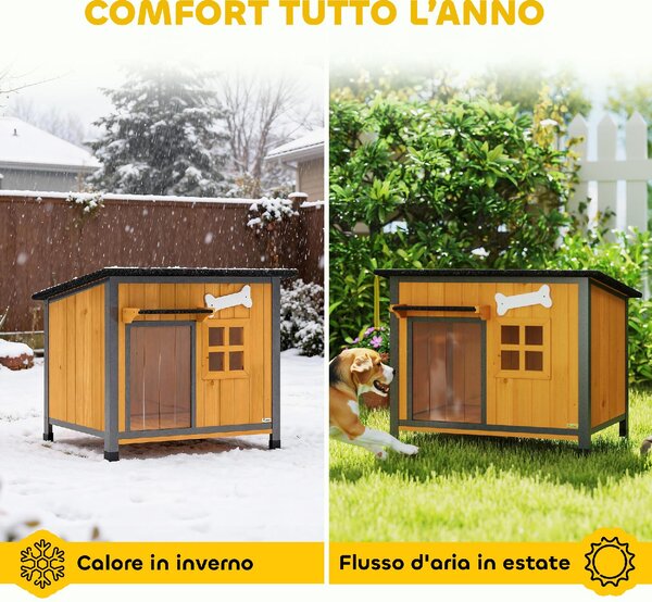 AllMyPets Cuccia per Cani da Esterno Taglia Piccola e Media in Legno e Acciaio 84.5x62x65 cm colore Giallo