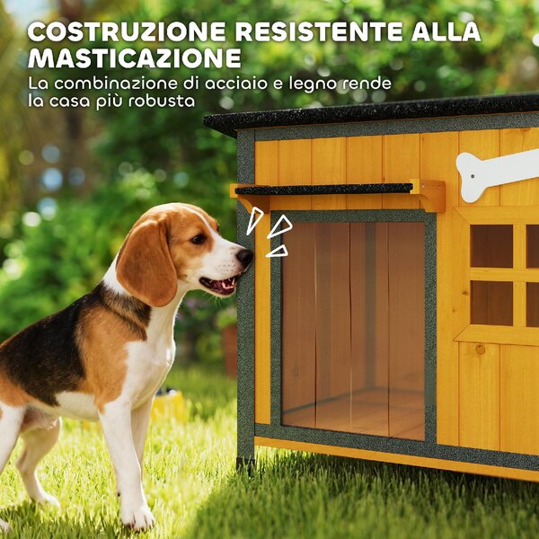 AllMyPets Cuccia per Cani da Esterno Taglia Piccola e Media in Legno e Acciaio 84.5x62x65 cm colore Giallo