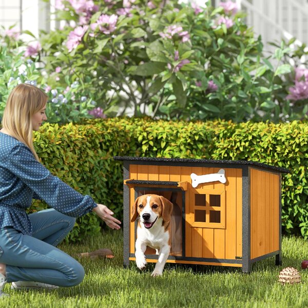 AllMyPets Cuccia per Cani da Esterno Taglia Piccola e Media in Legno e Acciaio 84.5x62x65 cm colore Giallo