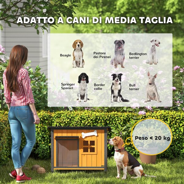 AllMyPets Cuccia per Cani da Esterno Taglia Piccola e Media in Legno e Acciaio 84.5x62x65 cm colore Giallo