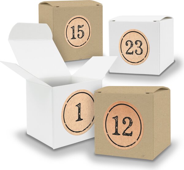 Calendario dell'Avvento da riempire, 24 cubetti da 6,5 cm, assortiti BIANCO MARRONE + adesivi V06 Z11