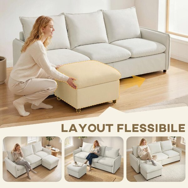 DecHome Divano 3 Posti Moderno con Penisola in Tessuto Effetto Pelle Dimensioni 212x125x84 cm colore Crema