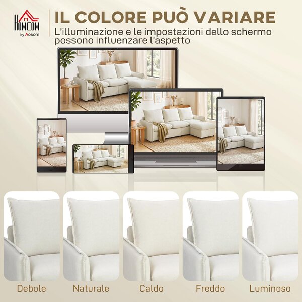DecHome Divano 3 Posti Moderno con Penisola in Tessuto Effetto Pelle Dimensioni 212x125x84 cm colore Crema