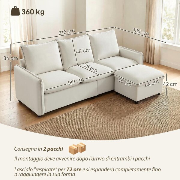 DecHome Divano 3 Posti Moderno con Penisola in Tessuto Effetto Pelle Dimensioni 212x125x84 cm colore Crema