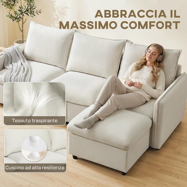 DecHome Divano 3 Posti Moderno con Penisola in Tessuto Effetto Pelle Dimensioni 212x125x84 cm colore Crema