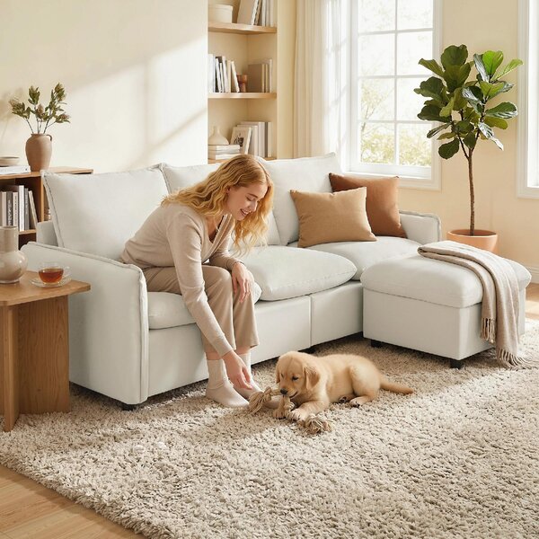 DecHome Divano 3 Posti Moderno con Penisola in Tessuto Effetto Pelle Dimensioni 212x125x84 cm colore Crema