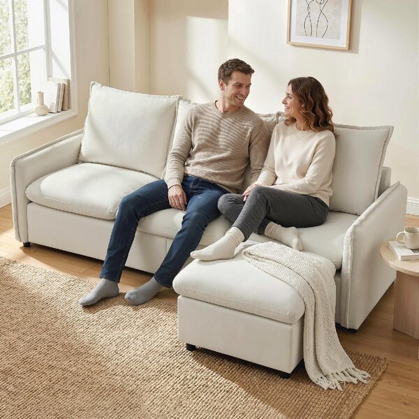 DecHome Divano 3 Posti Moderno con Penisola in Tessuto Effetto Pelle Dimensioni 212x125x84 cm colore Crema