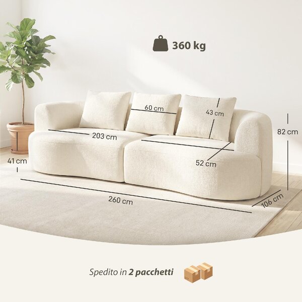 DecHome Divano Componibile 3 Posti Moderno in Ciniglia Dimensioni 260x106x82 cm colore Crema